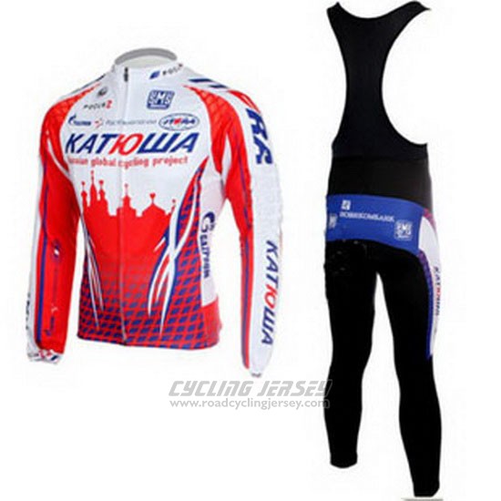 2011 Cycling Jersey Katusha White and Red Long Sleeve and Bib Tight